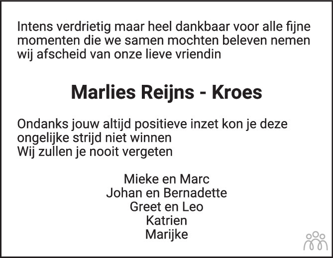 Overlijdensbericht van Maria Louisa Cecilia (Marlies) Reijns-Kroes in PZC Provinciale Zeeuwse Courant