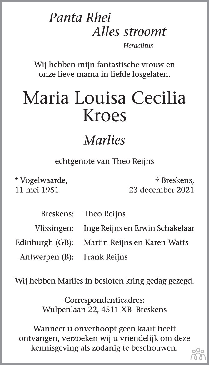 Overlijdensbericht van Maria Louisa Cecilia (Marlies) Reijns-Kroes in PZC Provinciale Zeeuwse Courant