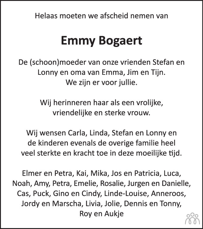 Overlijdensbericht van Emma Hermina (Emmy) Bogaert in PZC Provinciale Zeeuwse Courant