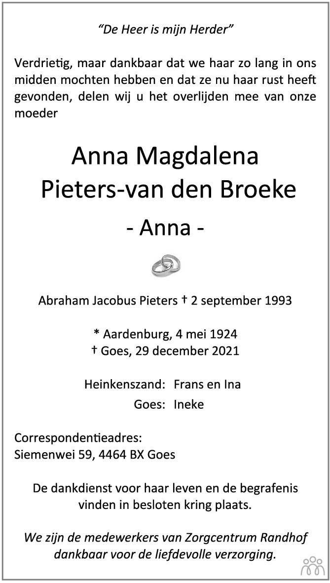 Overlijdensbericht van Anna Magdalena Pieters-van den Broeke in PZC Provinciale Zeeuwse Courant