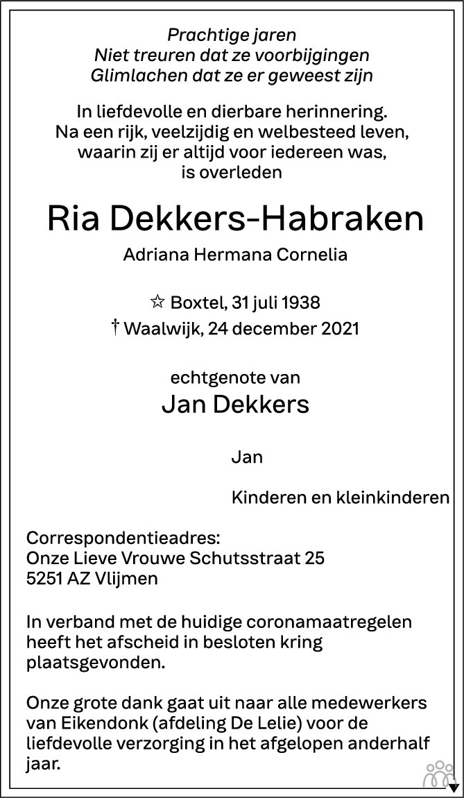 Overlijdensbericht van Ria (Adriana Hermana Cornelia) Dekkers-Habraken in Brabants Dagblad