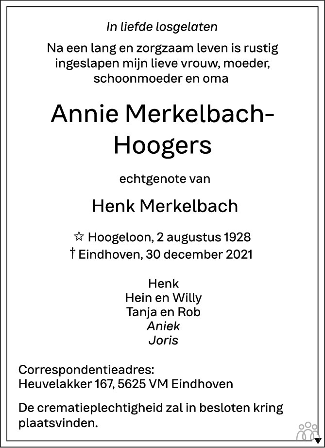 Overlijdensbericht van Annie Merkelbach-Hoogers in Eindhovens Dagblad