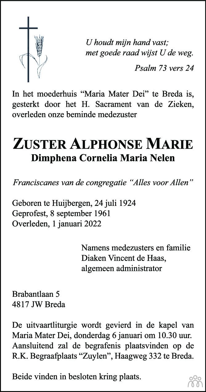 Overlijdensbericht van Dimphena Cornelia Maria (Zuster) Nelen in BN DeStem