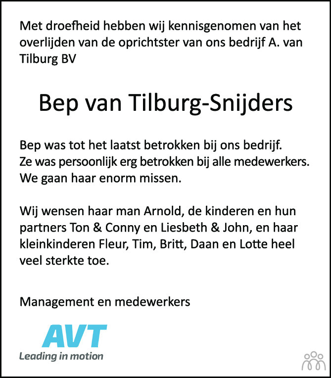 Overlijdensbericht van Bep van Tilburg-Snijders in BN DeStem