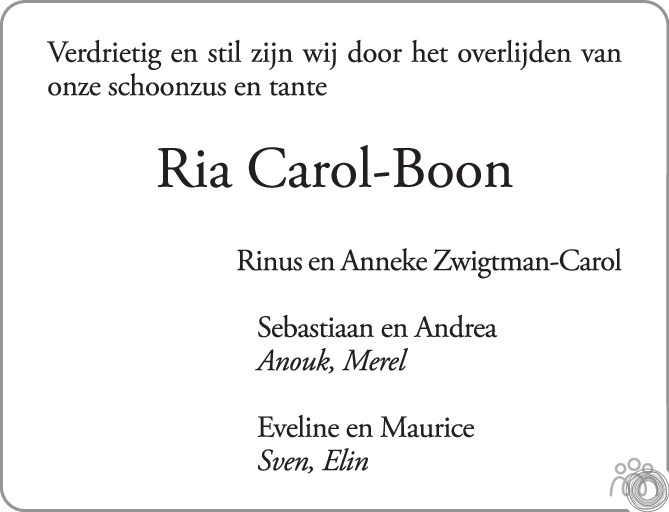 Overlijdensbericht van Ria (Maria Margaretha Cornelia) Carol-Boon in PZC Provinciale Zeeuwse Courant