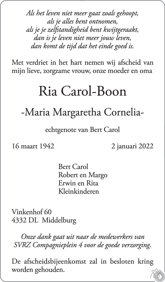 Overlijdensbericht van Ria (Maria Margaretha Cornelia) Carol-Boon in PZC Provinciale Zeeuwse Courant