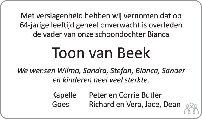 Overlijdensbericht van Toon van Beek in PZC Provinciale Zeeuwse Courant