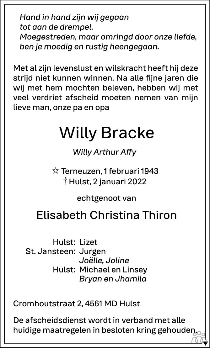 Overlijdensbericht van Willy (Willy Arthur Affy) Bracke in PZC Provinciale Zeeuwse Courant