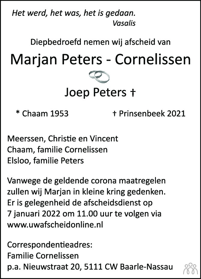 Overlijdensbericht van Marjan Peters-Cornelissen in BN DeStem