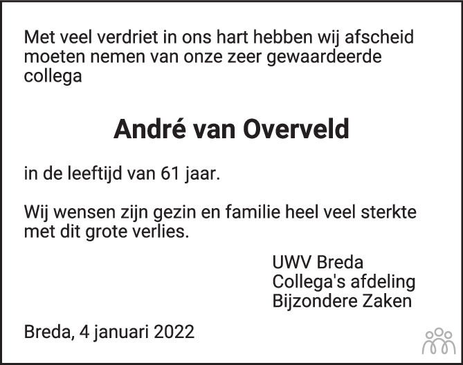 Overlijdensbericht van André van Overveld in BN DeStem