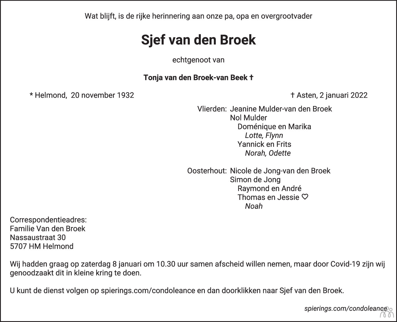 Overlijdensbericht van Sjef van den Broek in Eindhovens Dagblad
