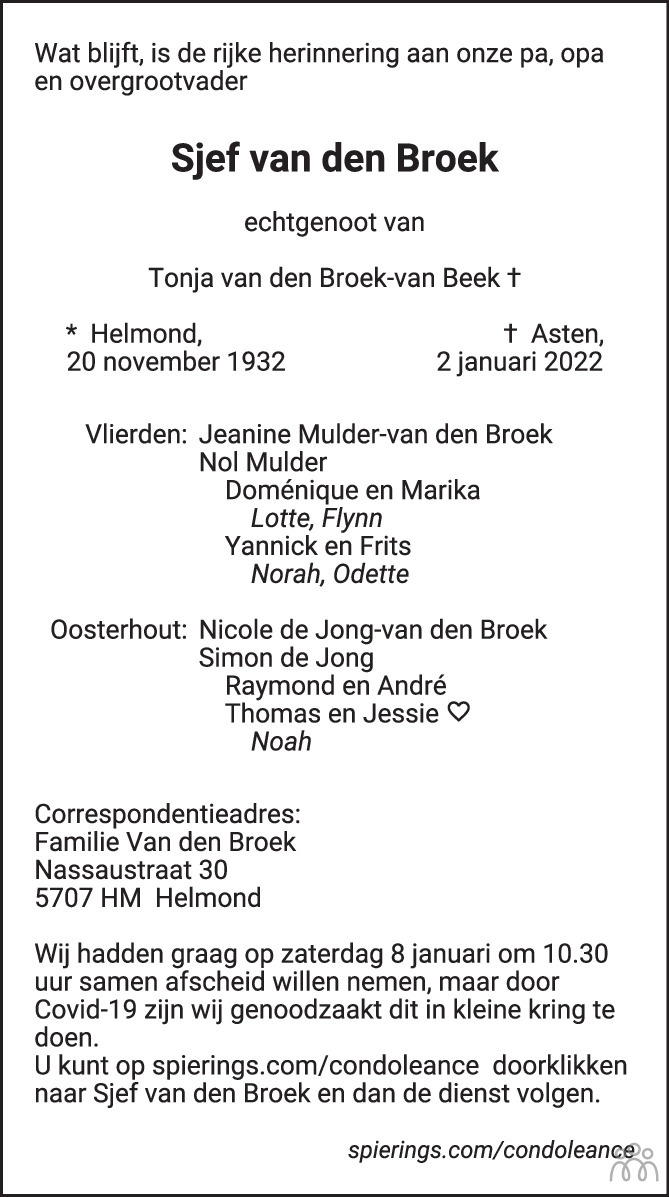 Overlijdensbericht van Sjef van den Broek in AD Algemeen Dagblad