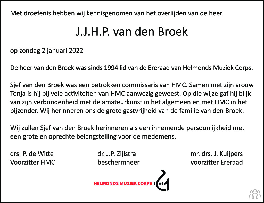 Overlijdensbericht van Sjef van den Broek in Eindhovens Dagblad