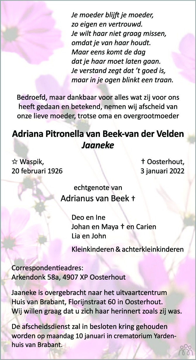 Overlijdensbericht van Adriana Pitronella (Jaaneke) van Beek-van der Velden in BN DeStem