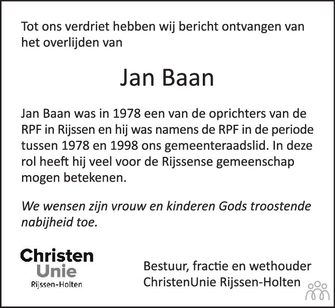 Overlijdensbericht van Jan Hendrikus Baan in Tubantia