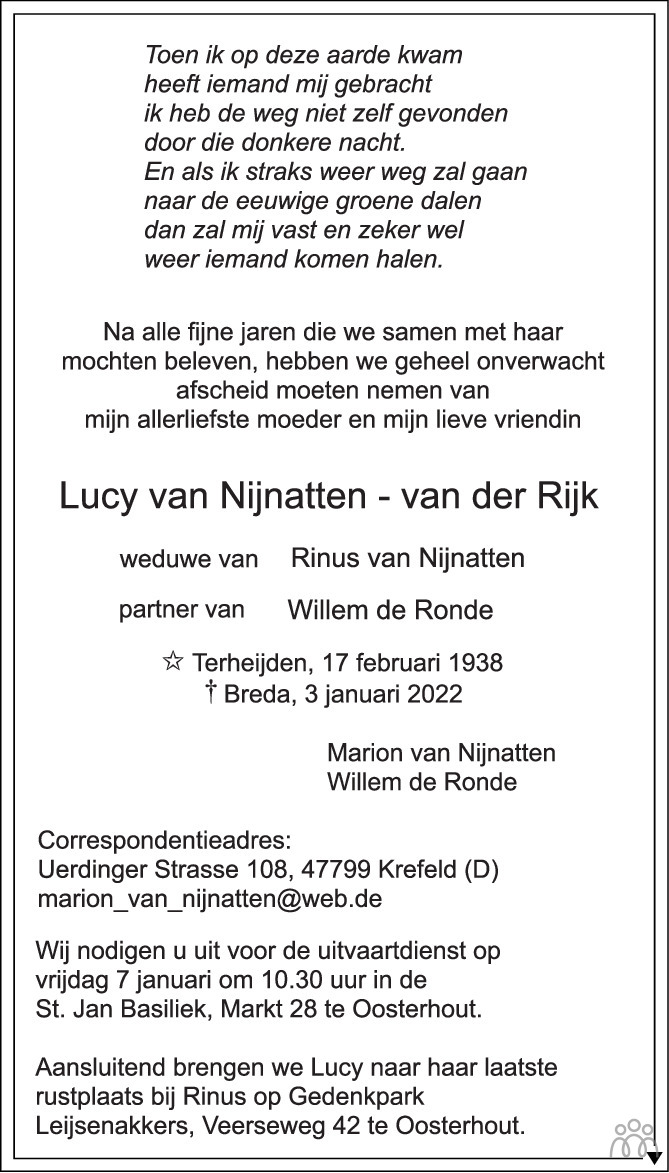 Overlijdensbericht van Lucy van Nijnatten-van der Rijk in BN DeStem