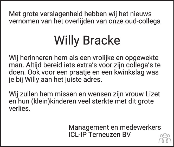 Overlijdensbericht van Willy (Willy Arthur Affy) Bracke in PZC Provinciale Zeeuwse Courant
