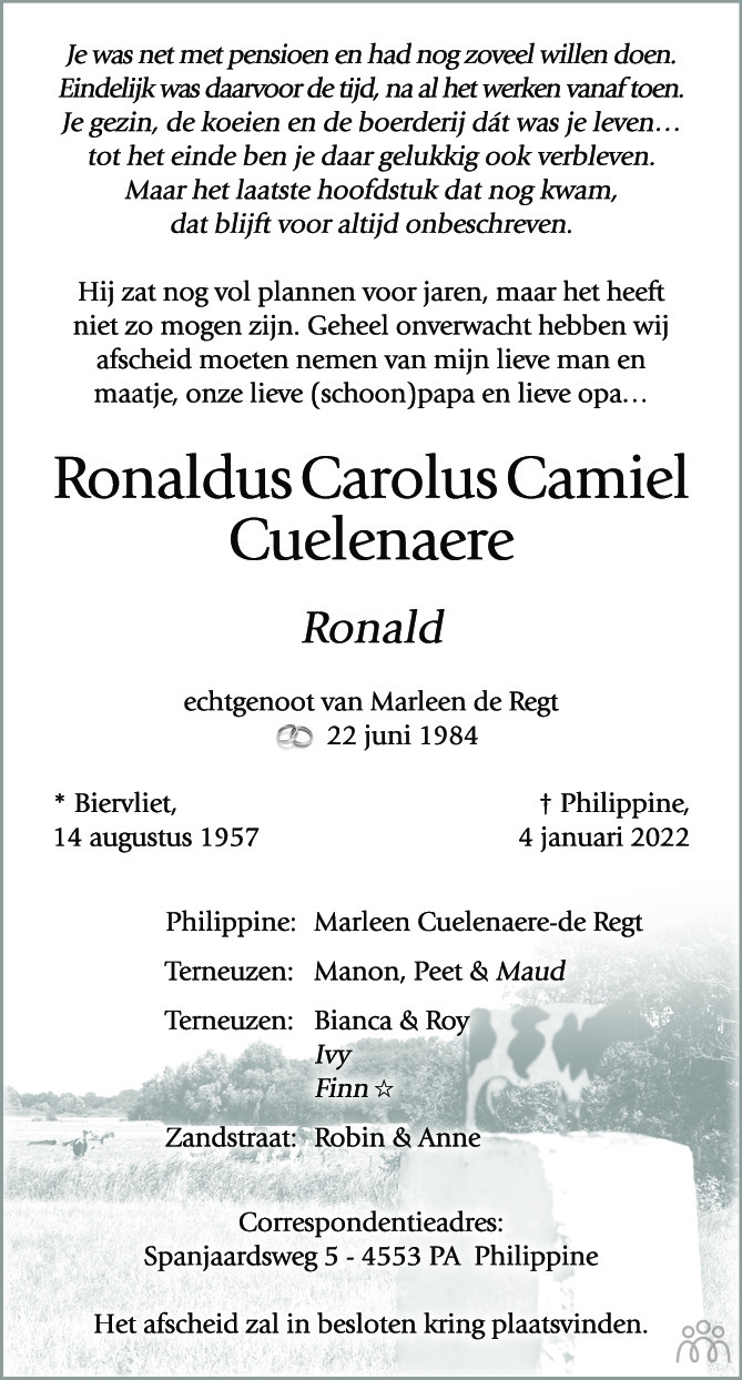 Overlijdensbericht van Ronaldus Carolus Camiel (Ronald Cuelenaere in PZC Provinciale Zeeuwse Courant