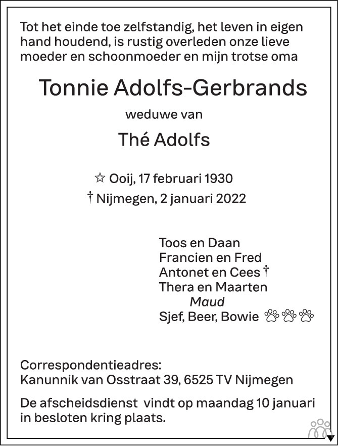 Overlijdensbericht van Tonnie Adolfs-Gerbrands in de Gelderlander