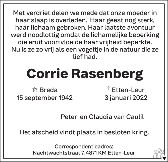 Overlijdensbericht van Corrie Rasenberg in BN DeStem