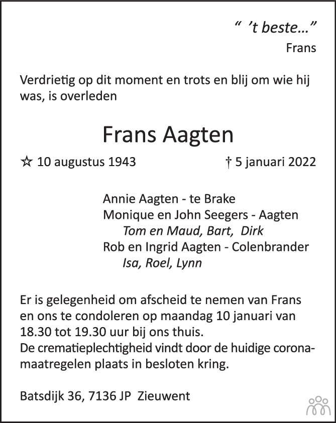 Overlijdensbericht van Frans Aagten in de Gelderlander