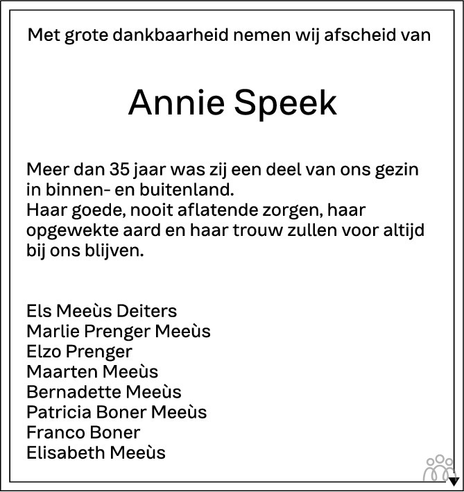 Overlijdensbericht van Annie Speek in BN DeStem