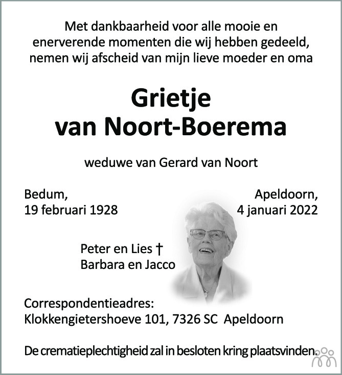 Overlijdensbericht van Grietje van Noort-Boerema in de Stentor