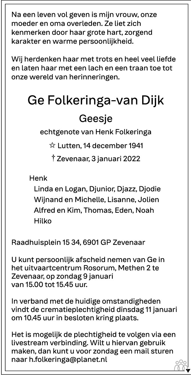 Overlijdensbericht van Ge (Geesje) Folkeringa-van Dijk in de Gelderlander