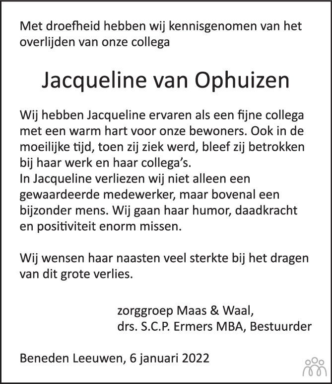 Overlijdensbericht van Jacqueline van Ophuizen-Pisas in de Gelderlander