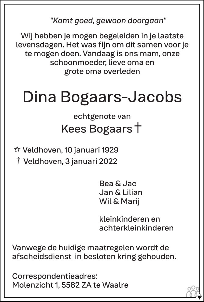 Overlijdensbericht van Dina Bogaars-Jacobs in Eindhovens Dagblad