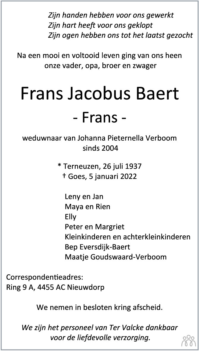 Overlijdensbericht van Frans (Frans Jacobus) Baert in PZC Provinciale Zeeuwse Courant