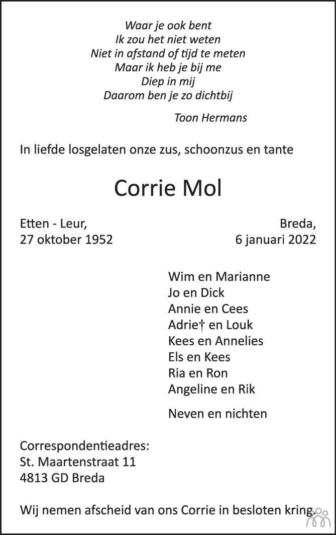 Overlijdensbericht van Corrie Mol in BN DeStem