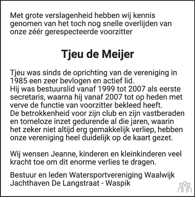 Overlijdensbericht van Tjeu de Meijer in Brabants Dagblad