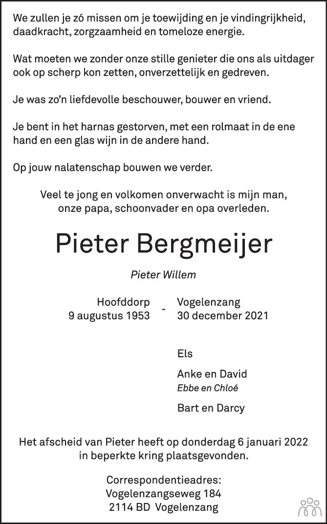 Overlijdensbericht van Pieter (Pieter Willem) Bergmeijer in de Volkskrant