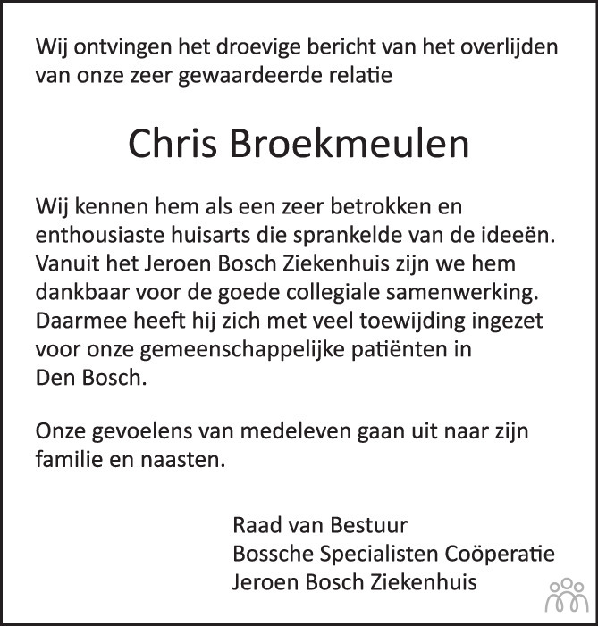 Overlijdensbericht van Chris Broekmeulen in Brabants Dagblad