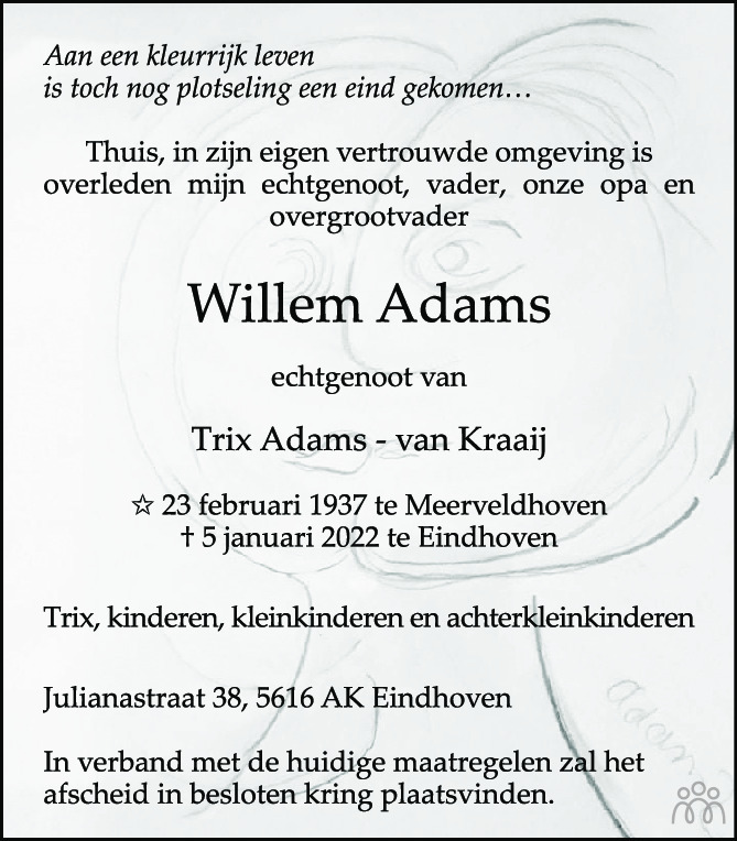 Overlijdensbericht van Willem Adams in Eindhovens Dagblad