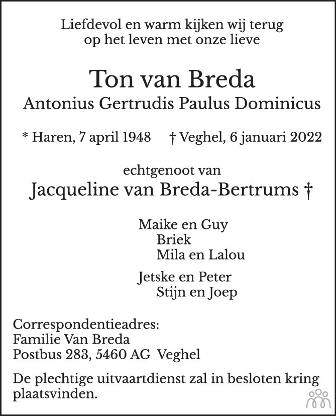 Overlijdensbericht van Ton (Antonius Gertrudis Paulus Dominicus) van Breda in Brabants Dagblad