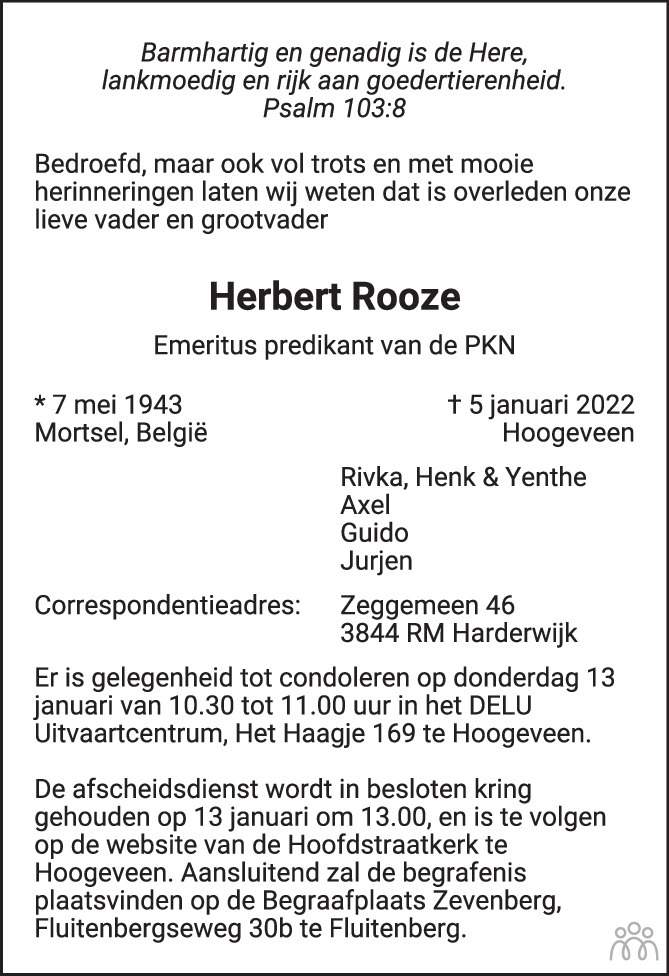 Overlijdensbericht van Herbert Rooze in Trouw