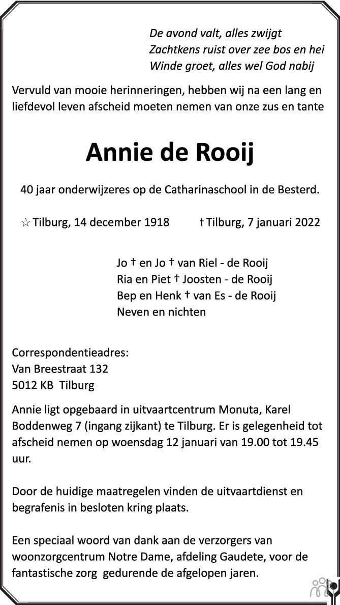 Annie De Rooij 07 01 2022 Overlijdensbericht En Condoleances