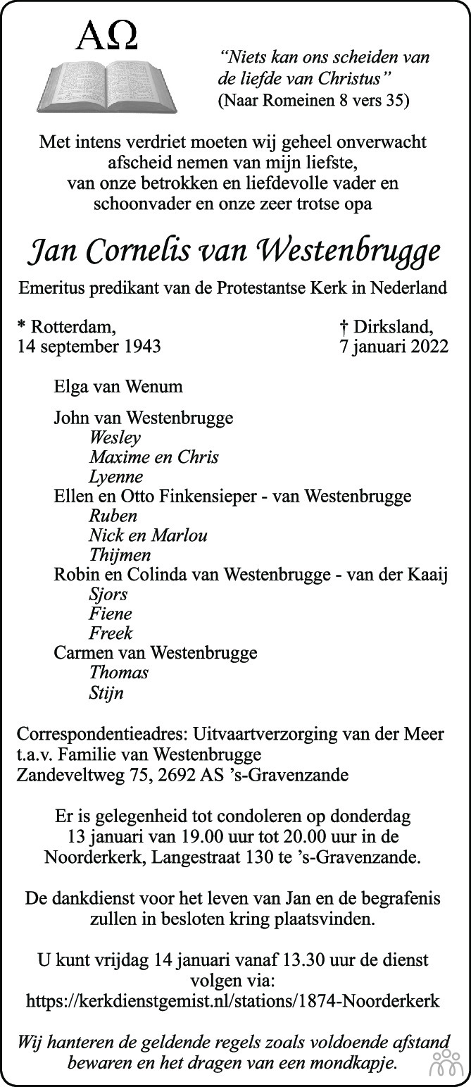 Overlijdensbericht van Jan Cornelis van Westenbrugge in AD Algemeen Dagblad