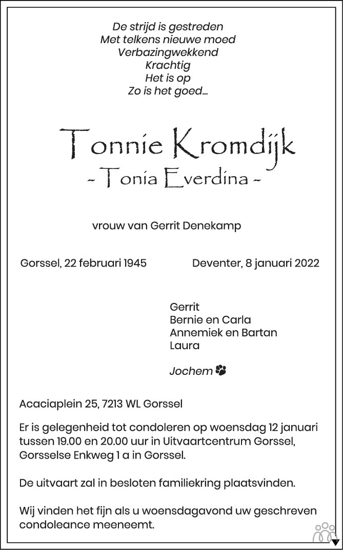 Overlijdensbericht van Tonnie (Tonia Everdina) Kromdijk in de Stentor