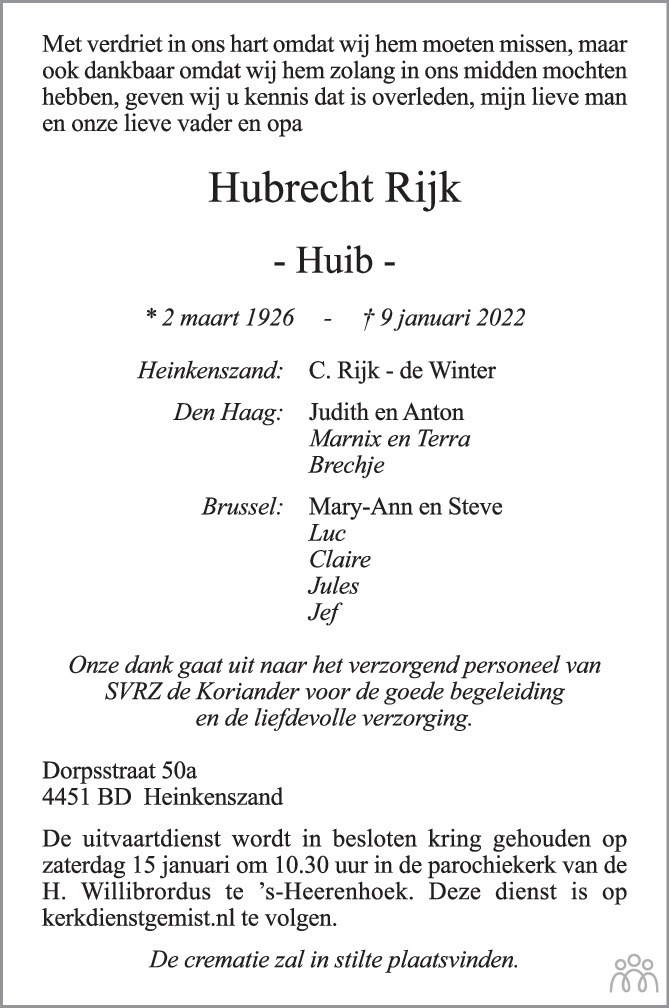 Overlijdensbericht van Hubrecht (Huib) Rijk in PZC Provinciale Zeeuwse Courant