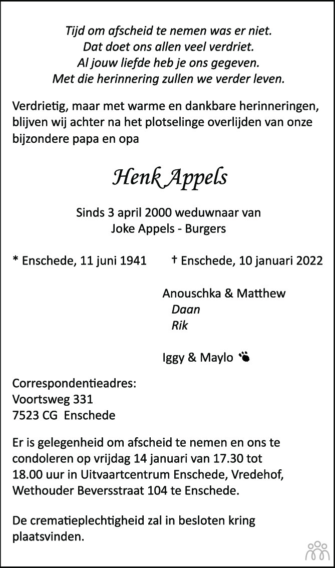 Overlijdensbericht van Henk Appels in Tubantia