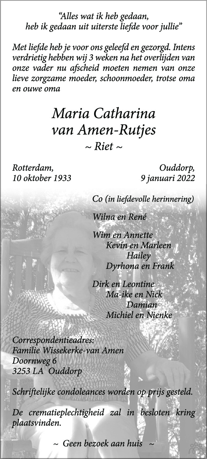Overlijdensbericht van Maria Catharina (Riet) van Amen-Rutjes in AD Algemeen Dagblad