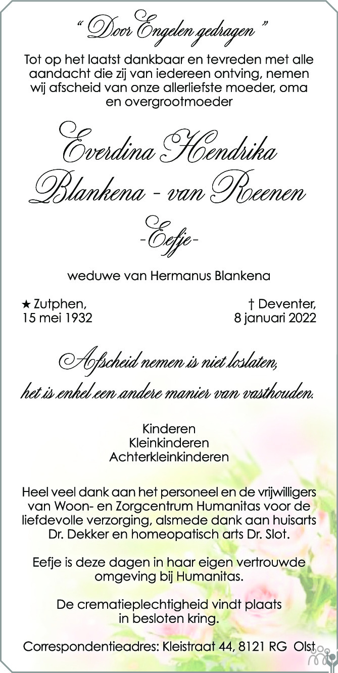 Overlijdensbericht van Everdina Hendrika (Eefje) Blankena-Van Reenen in de Stentor