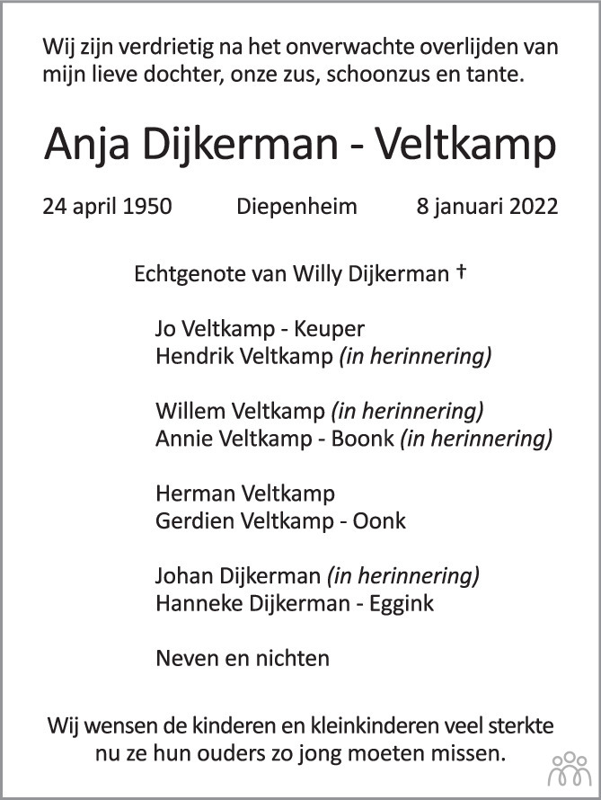 Overlijdensbericht van Anja Dijkerman-Veltkamp in Tubantia