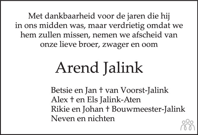 Overlijdensbericht van Arend (Arend Jacob) Jalink in de Stentor