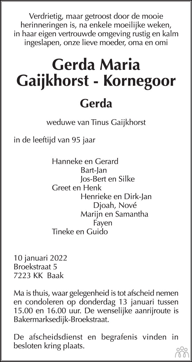 Overlijdensbericht van Gerda Maria Gaijkhorst-Kornegoor in de Gelderlander