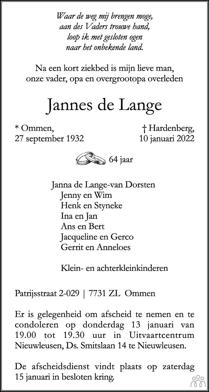 Overlijdensbericht van Jannes de Lange in de Stentor