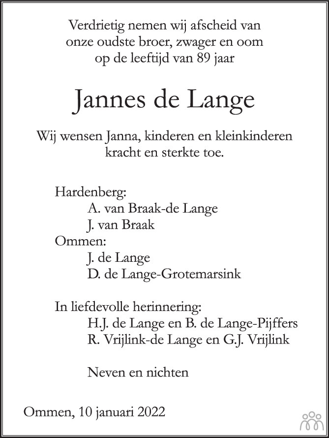 Overlijdensbericht van Jannes de Lange in de Stentor